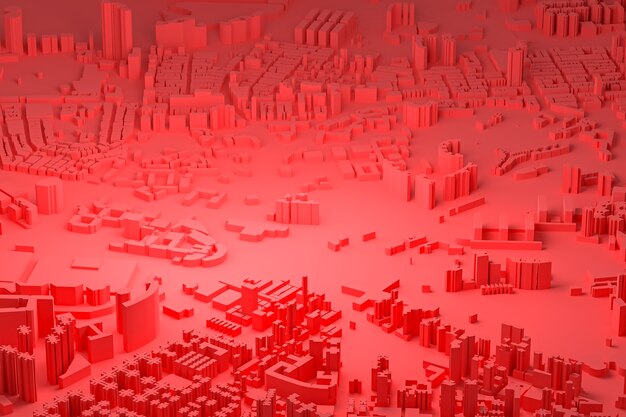 Rode luchtfoto van stadsgebouwen 3D-rendering rode kaart achtergrond
