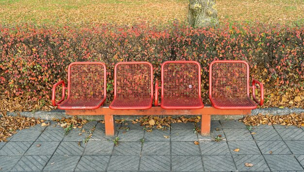 Rode metalen bank in het park