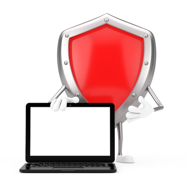 Rode metalen bescherming schild karakter mascotte met moderne laptop computer notebook en leeg scherm voor uw ontwerp op een witte achtergrond. 3D-rendering
