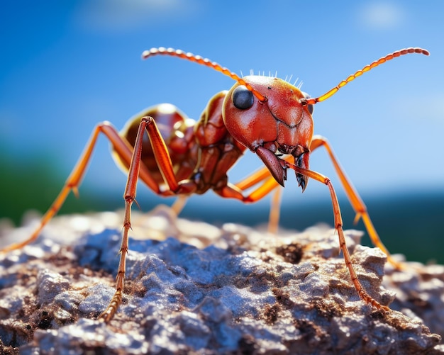 Rode mier met gesegmenteerd en harig lichaam op rots
