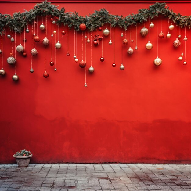 Rode muur met kerstversieringen