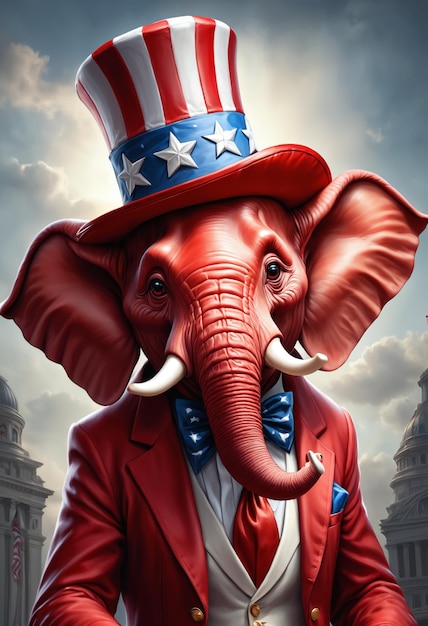 Rode olifant met een hoge Uncle Sam-hoed Genative AI