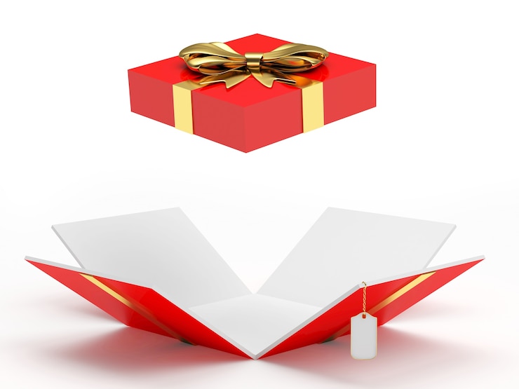 Foto rode open geschenkdoos met blanco label