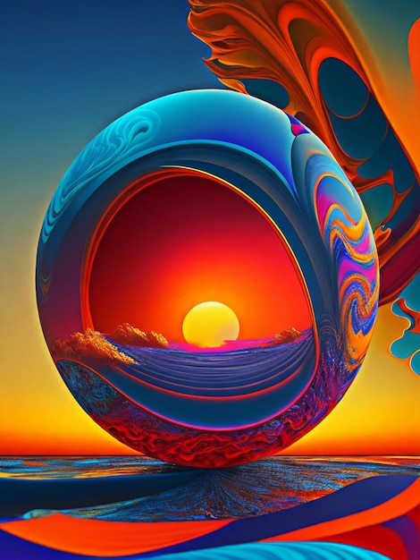 Rode oranjegeel groenblauwe indigo en violette zon boven een calligrafuturisme oceaan 3D hyper r