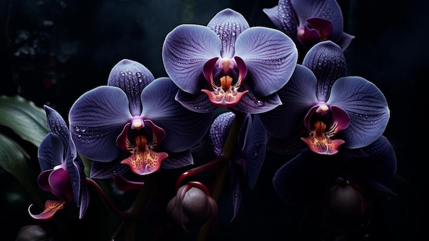 rode orchideeën met druppels op zwarte achtergrond