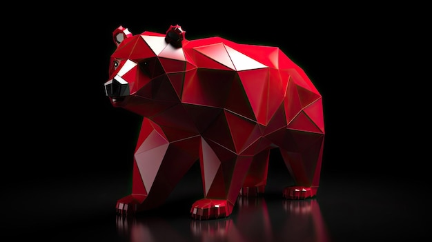 Rode Origami-stijl beer op zwarte achtergrond 3D-kunststijl met generatieve AI-technologie