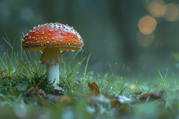 Rode paddenstoel met dauwdruppels in het regenwoud