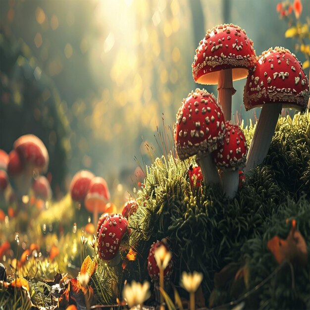 Rode paddenstoelen in het bos in de herfst met warm zacht zonlicht in de weg