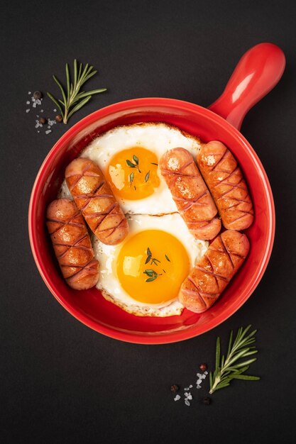 Rode pan met gebakken eieren en worstjes op een zwarte ondergrond.