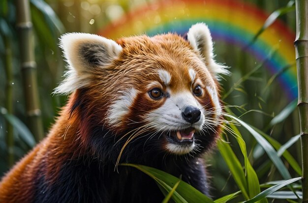 Rode panda in het bamboewoud met regenboog