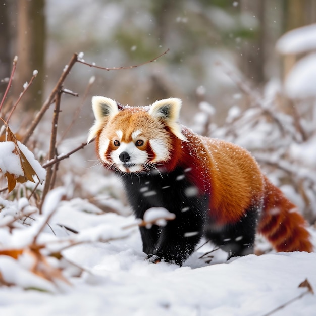 Rode panda in wintersneeuw Generatieve AI