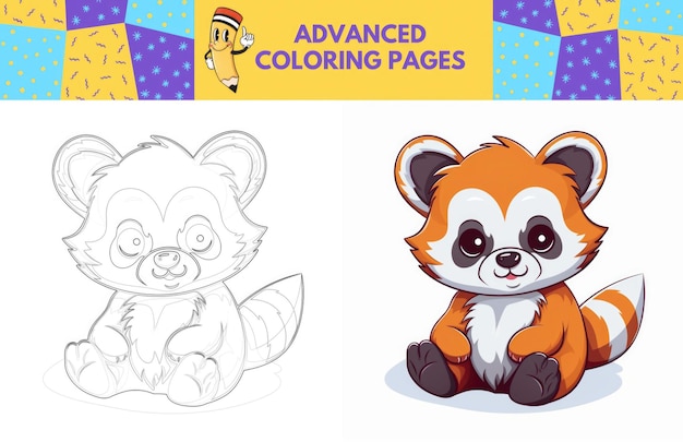 Rode panda kleurpagina met gekleurd voorbeeld voor kinderen Kleurboek