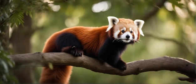 Rode panda op een tak met een wit gezicht en oren.