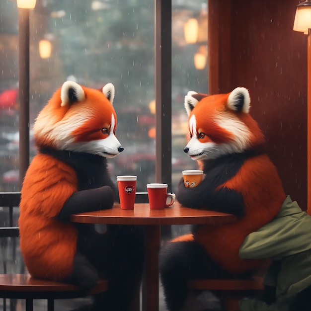 rode panda's slepen die van laatstgenoemde genieten in een café