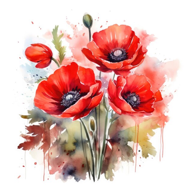 Rode papaver dag bloemen waterverf op witte achtergrond