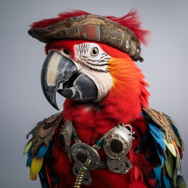 Foto rode papegaai in piratenkostuum een boeiende culturele documentatie