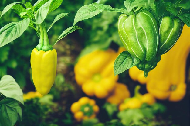 Rode paprika hangend aan groene takken in kas