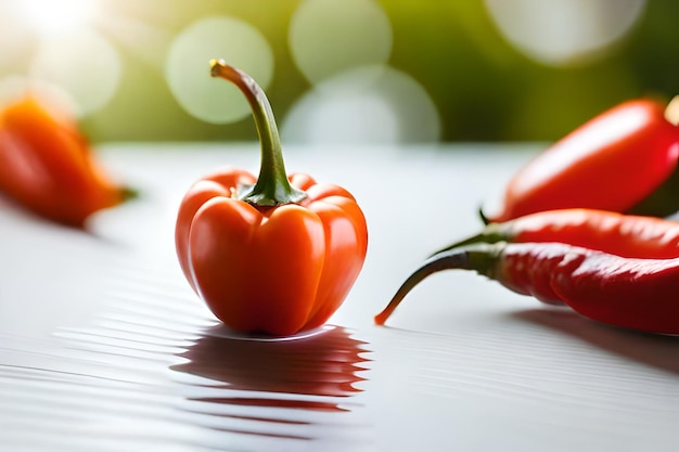 rode paprika op een witte tafel met de zon die door het raam schijnt.