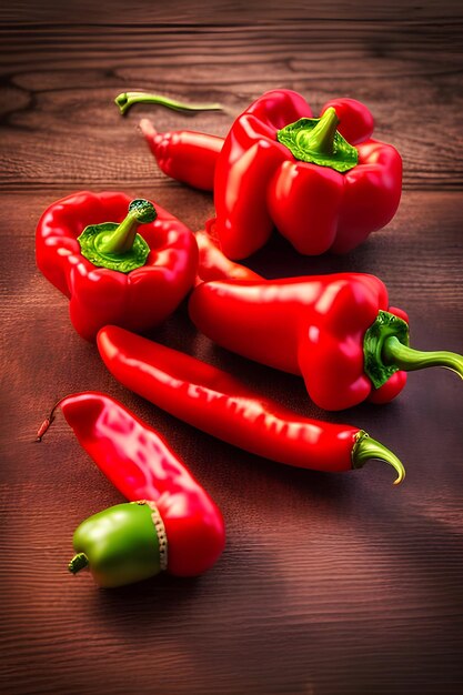 Rode paprika's op een houten tafel