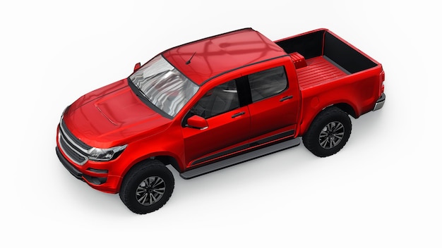 Rode pick-up auto op een witte achtergrond. 3D-rendering.