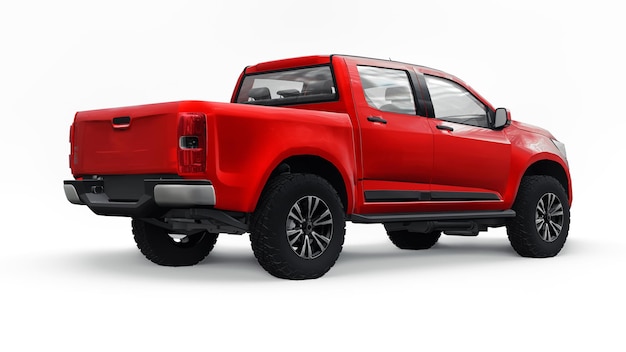 Rode pick-up auto op een witte achtergrond. 3D-rendering.