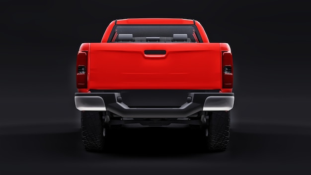 Rode pick-up auto op een zwarte achtergrond. 3D-rendering.