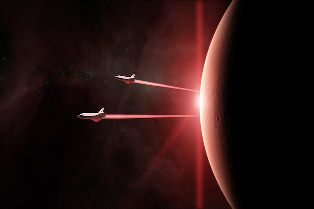 Foto rode planeet mars met spaceshuttles die op missie gaan