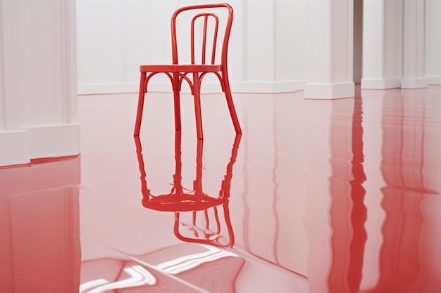 Rode plastic stoel op witte vloer.