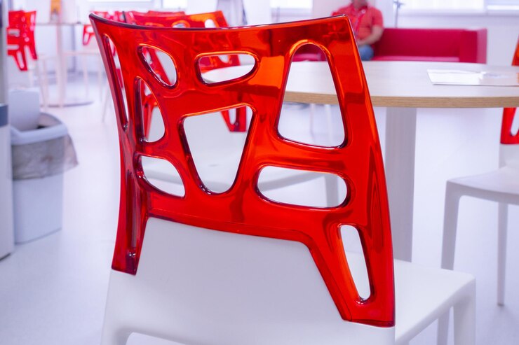 Rode plastic stoelen staan op bedrijfskantoor Executive Floor Flooring Group Hall Hospital Job Lobby Lounge Luxury Medicine Meeting Style Clean