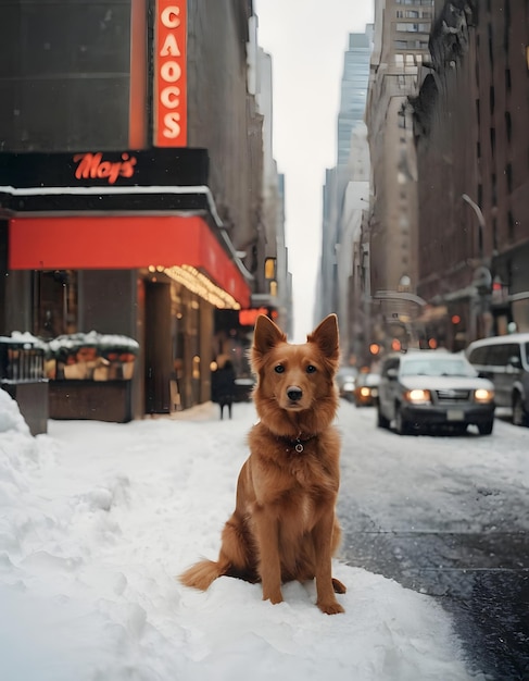 rode pluizige hond in zware besneeuwde straat van New York zit