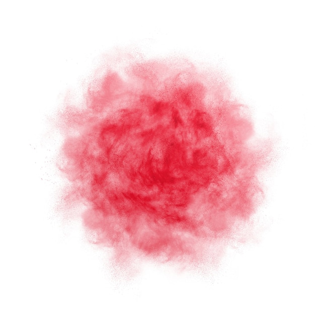 Rode poederexplosie op een witte achtergrond met exemplaarruimte. Abstracte gekleurde stofwolk.