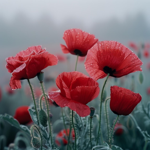 Rode poppen met ochtenddauw in de mist