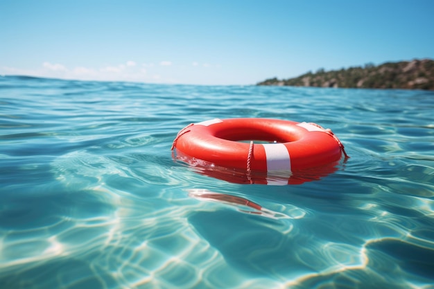 Rode reddingsboei ring op blauw water met schittering van zonnebeveiligingsapparatuur Oppervlakte textuur van zee of oceaan