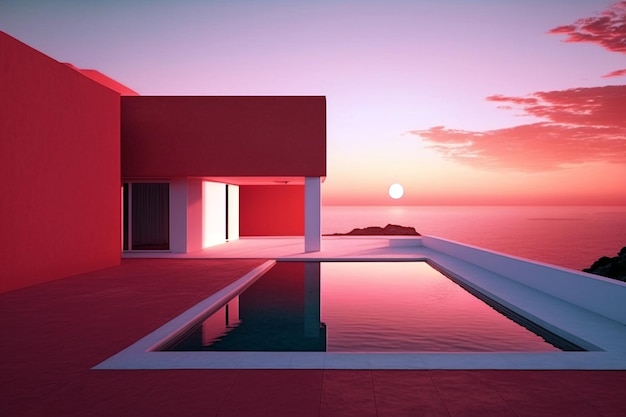 Rode residentiële villa met moderne architectuur zwembad en uitzicht op de zee