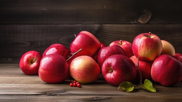 Rode rijpe appels liggen op een houten tafel gemaakt met Generative AI-technologie