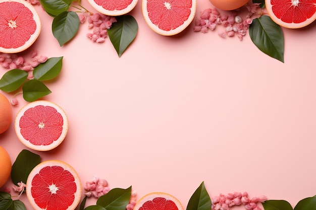 Foto rode rijpe grapefruit frame op roze achtergrond bovenaan vers fruit sjabloon met kopieerruimte