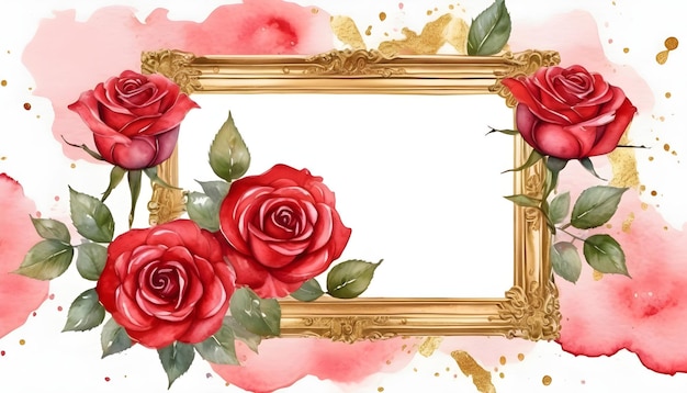 Rode roos bloem Gouden frame waterverf patroon achtergrond