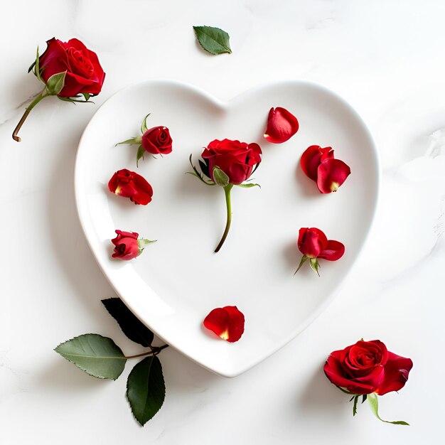 Foto rode roos en bloemblaadjes op een hartvormige bord op een marmeren tafel symbool van liefde voor valentijnsdag