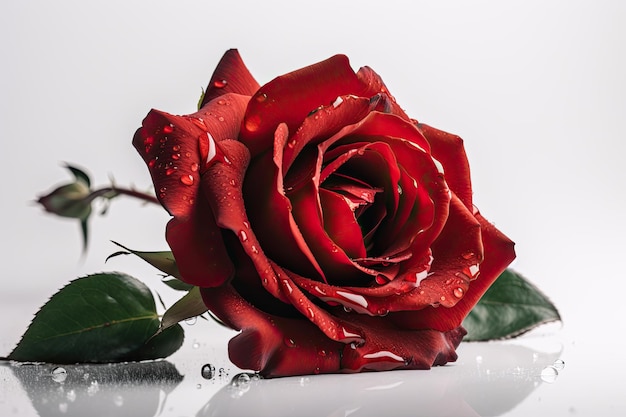 Rode roos met waterdruppels op een witte achtergrond