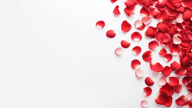 Rode roosblaadjes op witte achtergrond met kopieerruimte Liefde Valentijnsdag presentatie behang