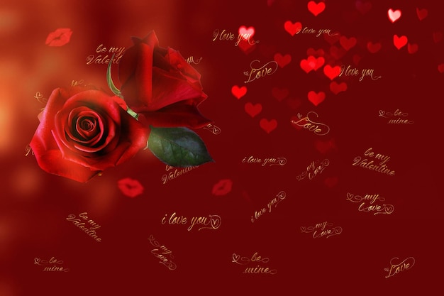 rode rozen en kaarslicht op onscherpe achtergrond, hart en kussen symbolen groeten Valentine