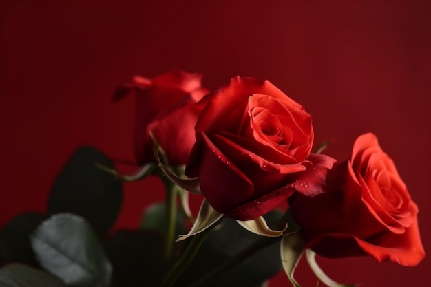 Rode rozen in een vaas op een rode achtergrond