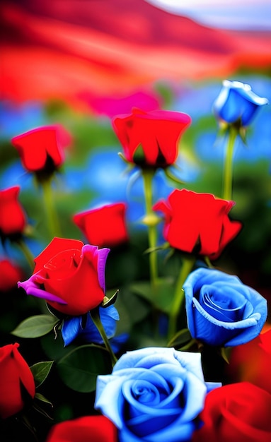 Rode rozen in een veld met blauwe rozen