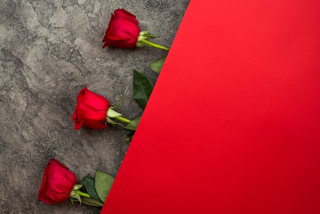 Rode rozen liggen prachtig op een grijze en rode achtergrond.