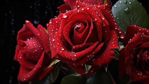 Rode rozen met druppels water