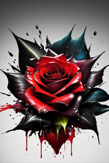 Foto rode rozen met zwart en rood inkt spatter effect