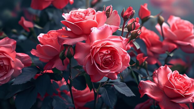 Rode rozen op donkere achtergrond Florale achtergrond 3D-rendering Generatieve AI