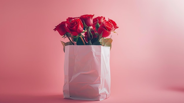 Foto rode rozen op een roze achtergrond in een pakket bloemen bezorging commerciële opname met ruimte voor tekst