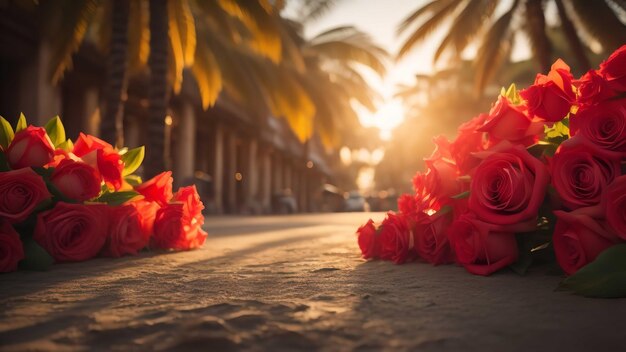 Foto rode rozen op het zand met palmbomen op de achtergrond bij zonsondergang generatieve ai