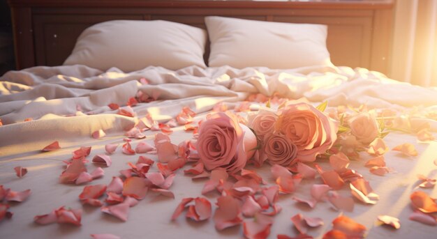 rode rozenblaadjes bij bed op tafel